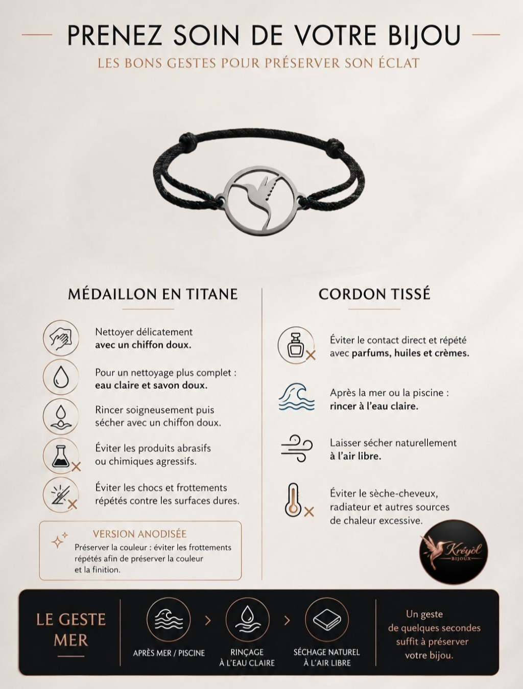 Guide d'entretien du bracelet Kréyòl Bijoux : médaillon en titane et cordon tissé